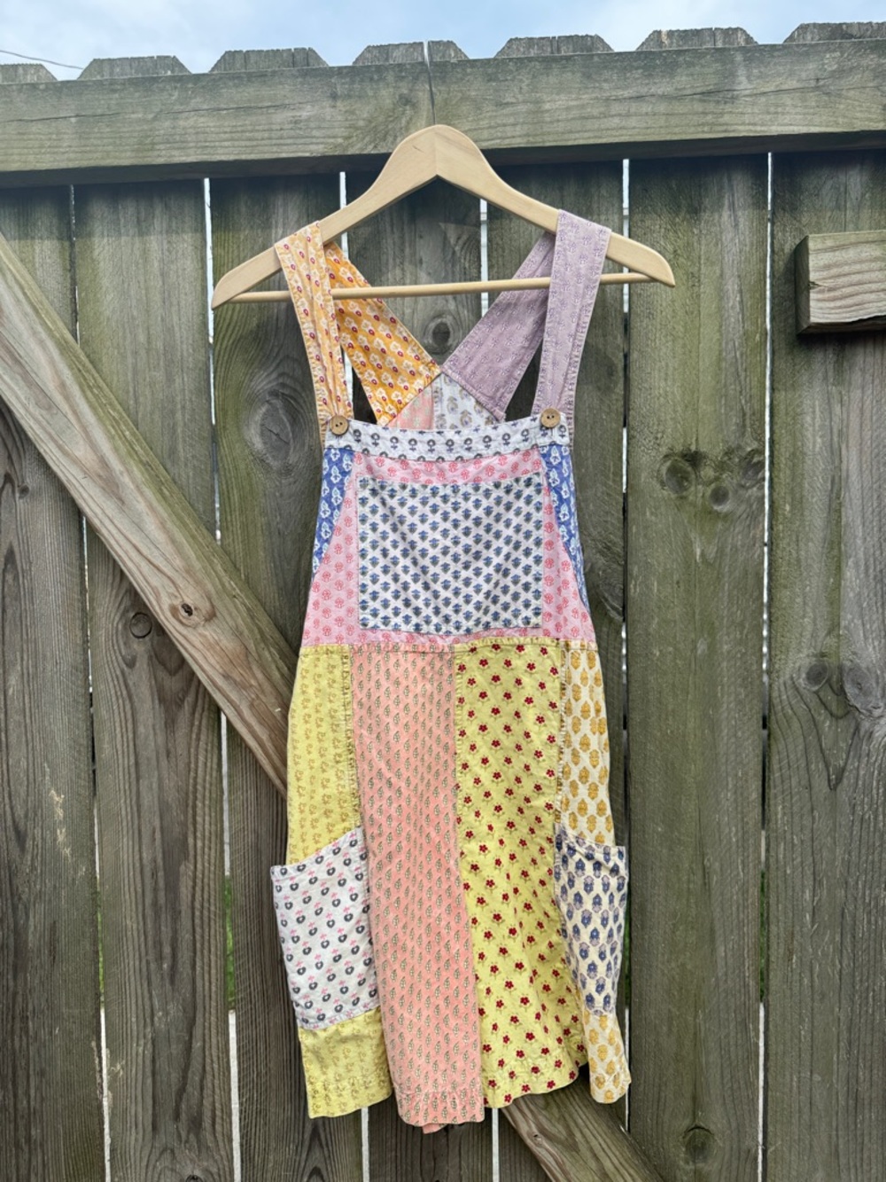 Vtg Sacred Threads Pink and Blue Patchwork Overalls